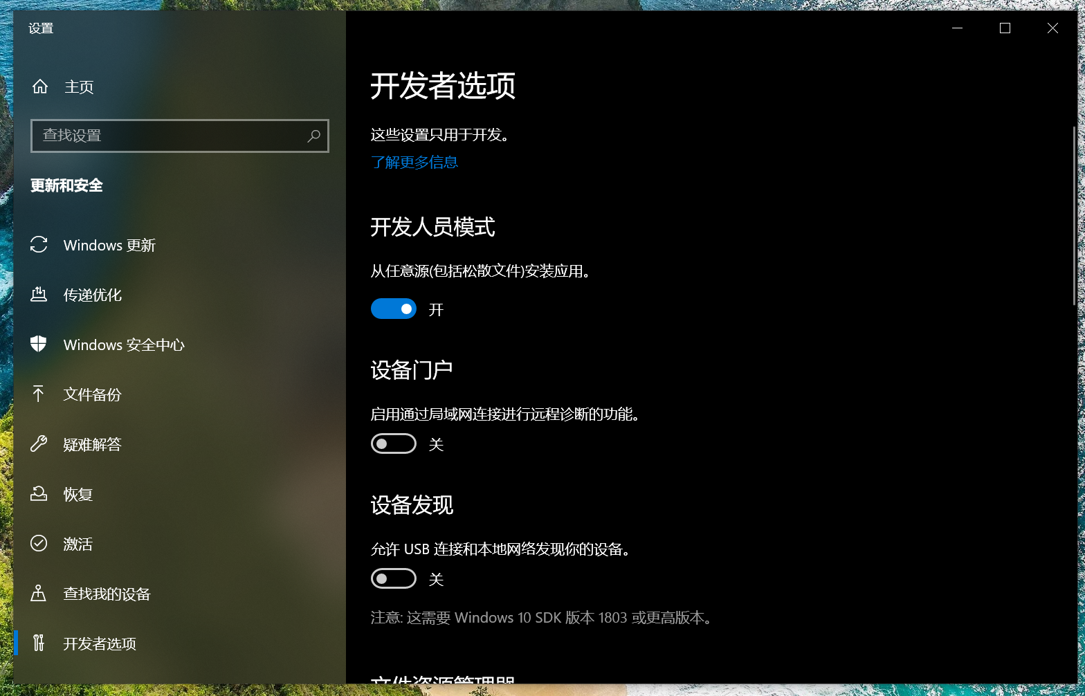 Developer Options page on Windows10